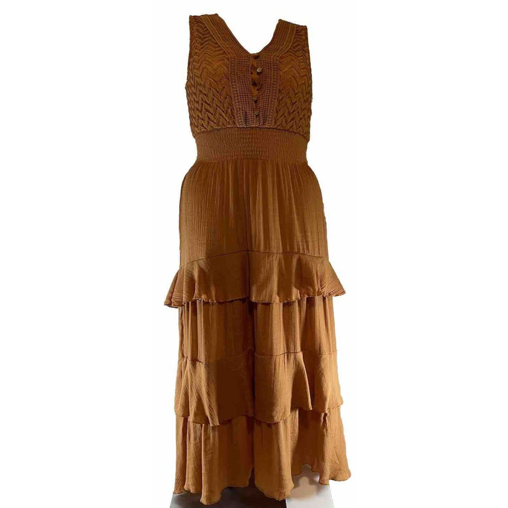 J Gee Brown Peasant Tiered Lace Bodice Flowy Dress size Large only worn once